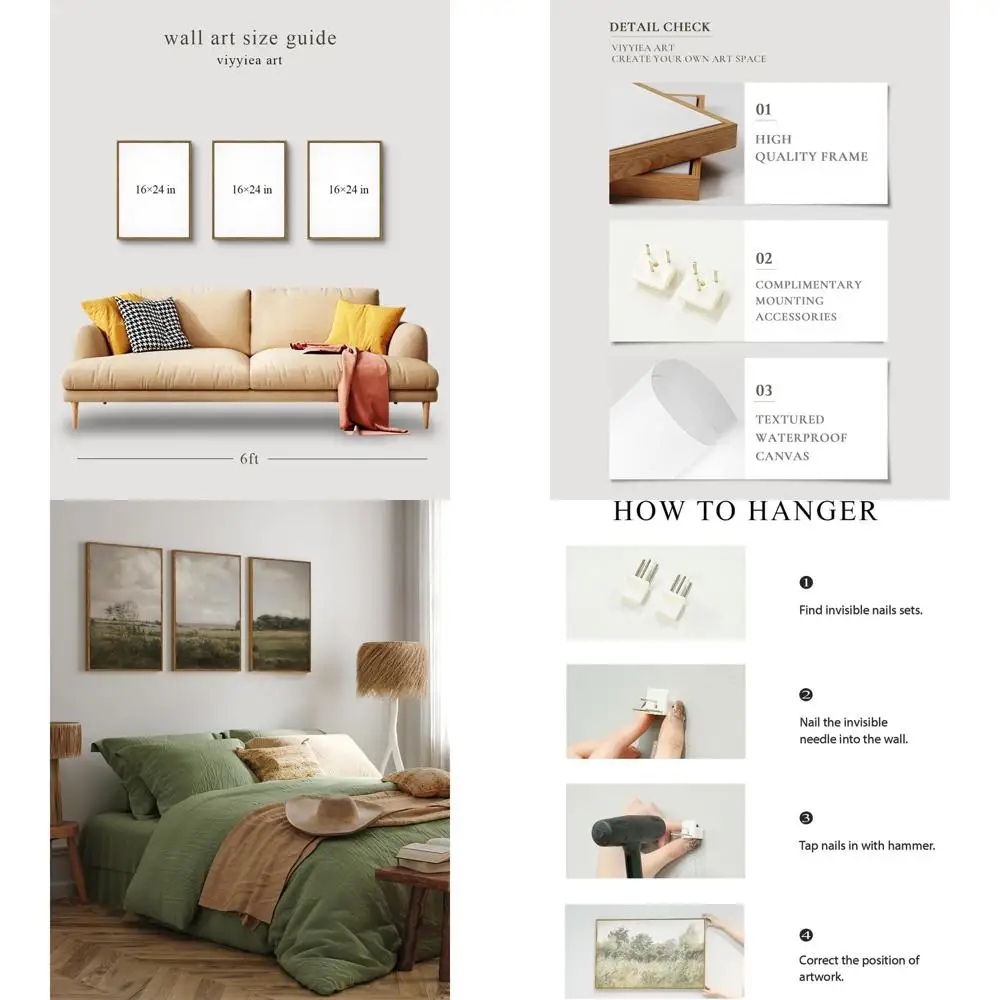 

Set of 3 Large 16x24 Inch Canvas Wall Art, Vintage English Farm Landscape, Neutral Nature Scenery for Home Decor