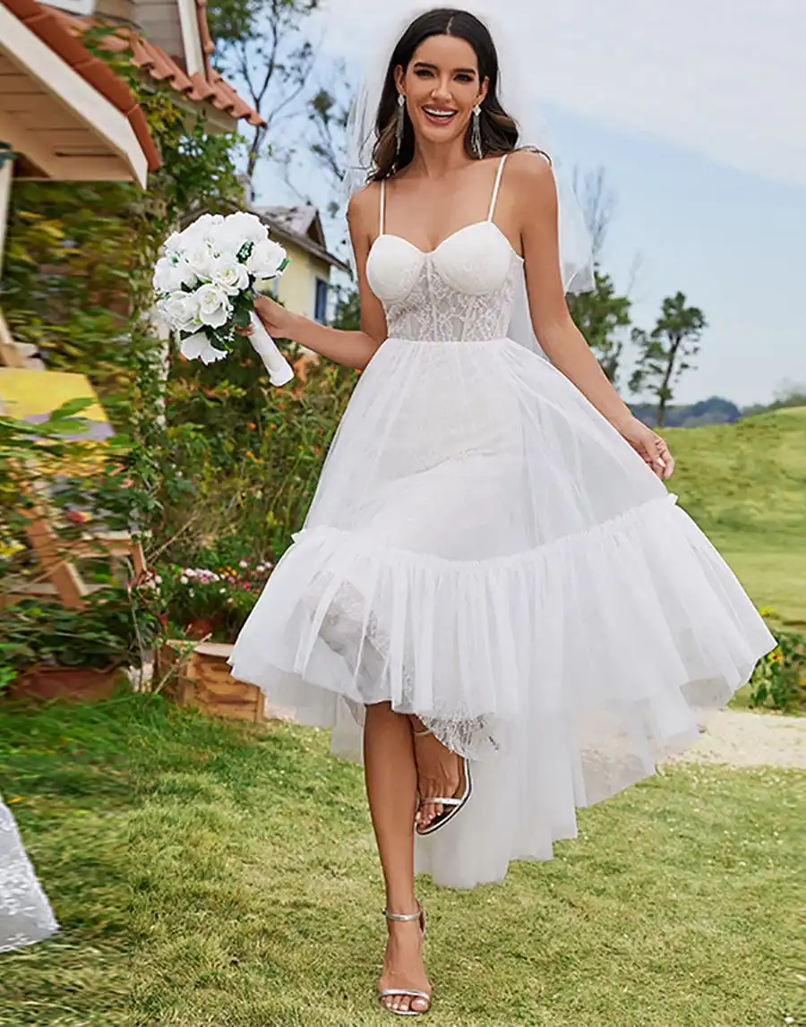 Elegant Wedding Dresses Tulle Corset Top Sweetheart Spaghetti Strap High-Low Ever Pretty 2024 of Ivory Prom Women Formal Dresse