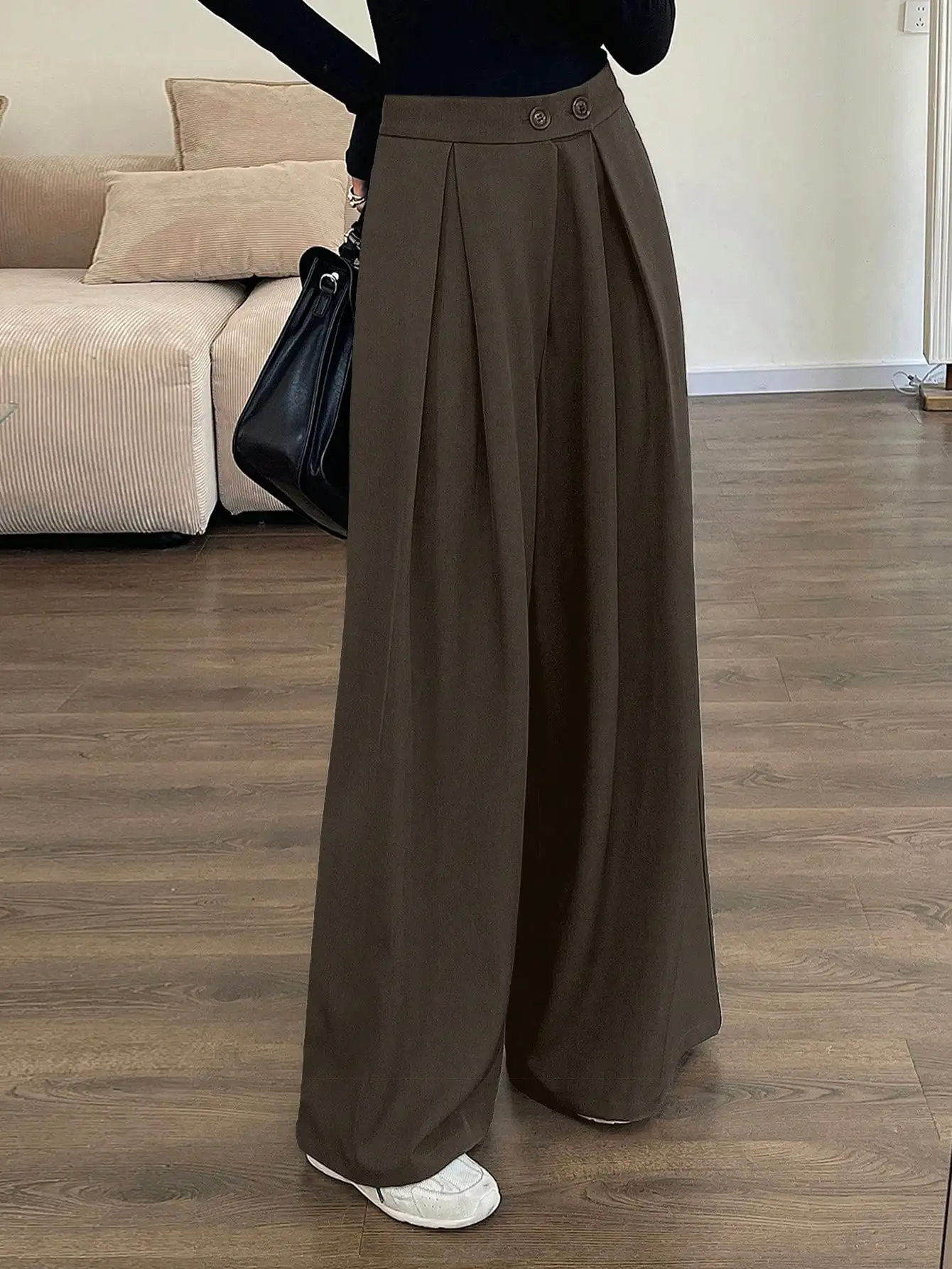 

Casual Loose Wide Leg Pants Solid Color High Waist Pleated