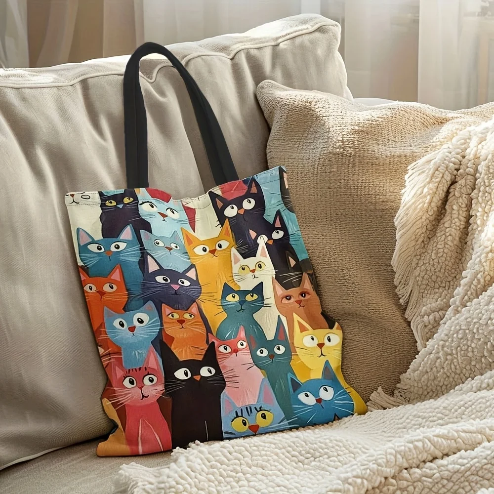 1 Stück bunte Einkaufstasche mit Katzenmuster – wiederverwendbare, stilvolle Schulterhandtasche für Männer und Frauen, lustiger Shopper mit Cartoon-Katzengesichtern – Detail 3