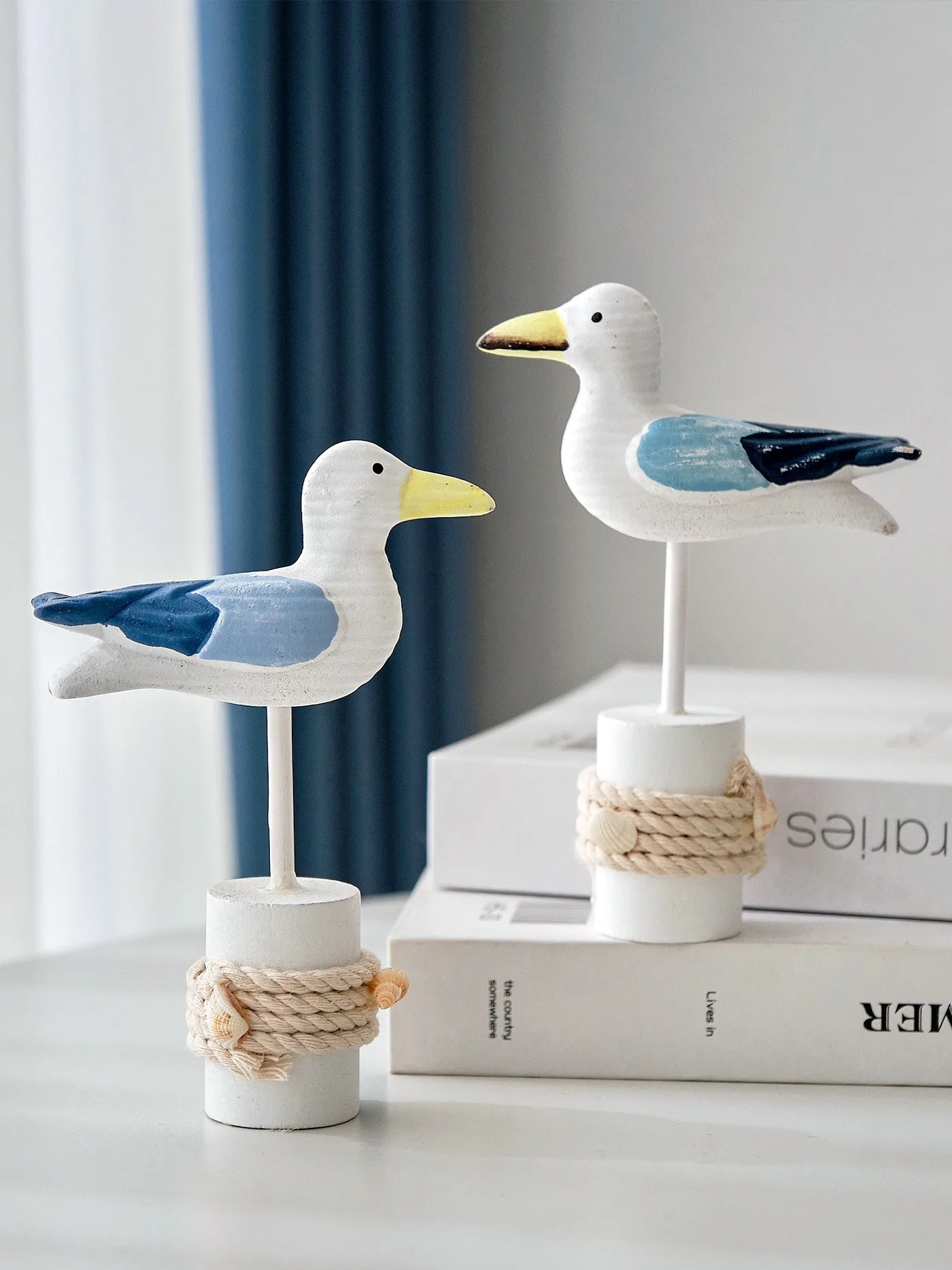 Wooden Seagull Figurine Set of 2 Mediterranean Coastal Table Decor Sea Bird Ornament