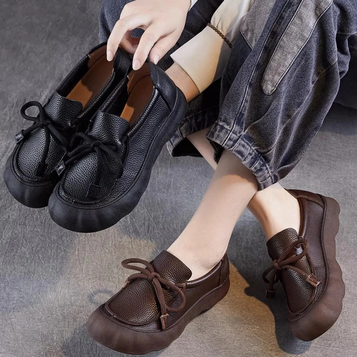 

Vintage Handmade Leather Flat Bottom Casual Shoes Women's Soft Sole Single Shoes Breathable Wear-resistant Rubber Outsole
