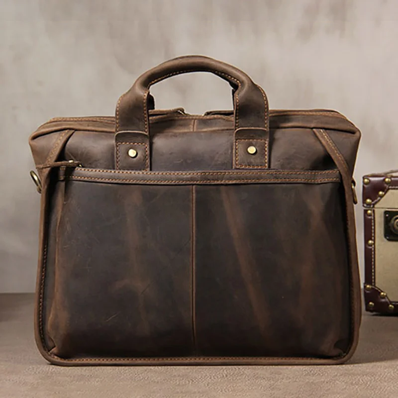 Vintage Genuine Leather Briefcase For Male Handmade Handbags 14 Inch Computer 2023 Popular Designer Crossbody Bag