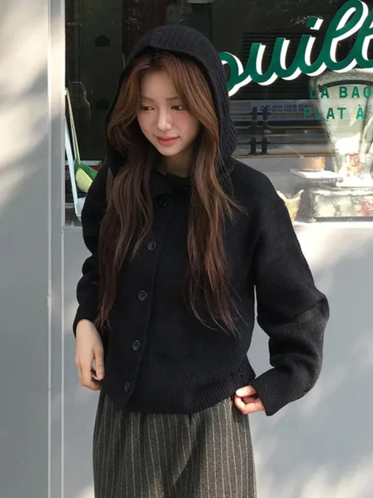 Laid-ba Sle вязаный кардиган с капюшоном на одной пуговице, женский осенний свитер 2023, новый однотонный топ маленького размера