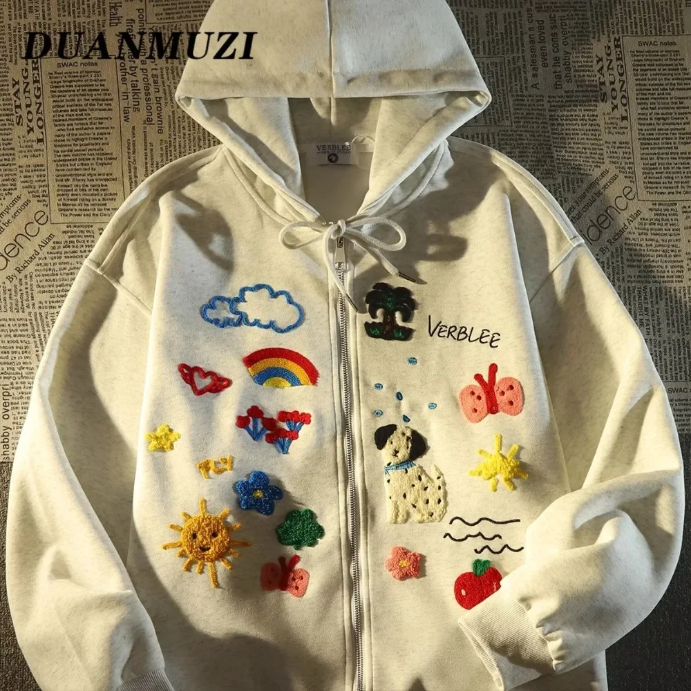 High Quality Chic Cartoon Embroidery Hoodies Jacket Japanese College Teenage Kawaii Y2K Sweatshirt Coats Zipper Loose Oversized