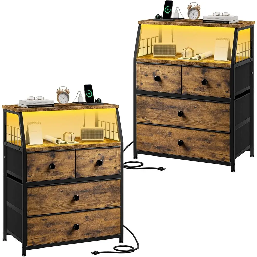 

2-Piece Nightstand Set: Charging Station & LED Lights, Fabric Drawers, Rustic Brown Wood Top for Bedroom, Dorm, Entryway
