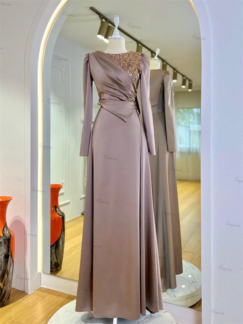 Ciynsia Abendkleider Evening Dress Scoop Neck Long Sleeves Prom Dresses Satin Sequined Sheath Sweep Train فساتين مناسبة رسمية