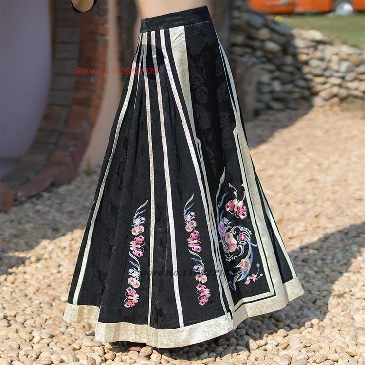

2025 traditional chinese vintage skirt women national flower embroidered satin skirt oriental satin jacquard folk a-line skirt