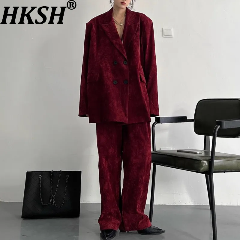 

HKSH Autumn Winter New Women Suit Set Double Breasted Solid Color Blazer High-End Coat Straight Pants Elegant Trend Chic HK17057