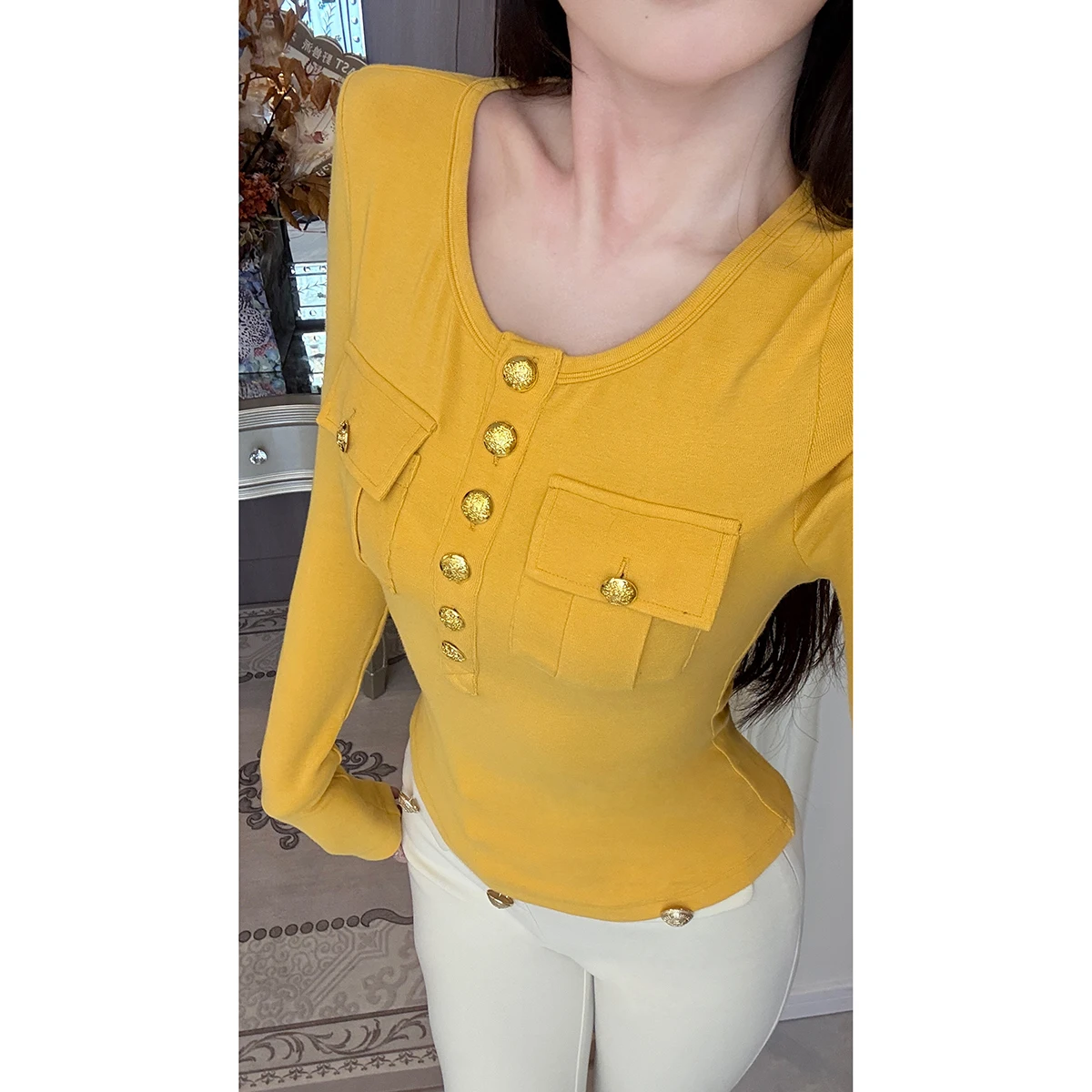 

Женская приталенная вязаная базовая кофта с длинным рукавом, имбирно-желтая, осенняя новинка, в корейском стиле, с пуговицами, для повседневной носки