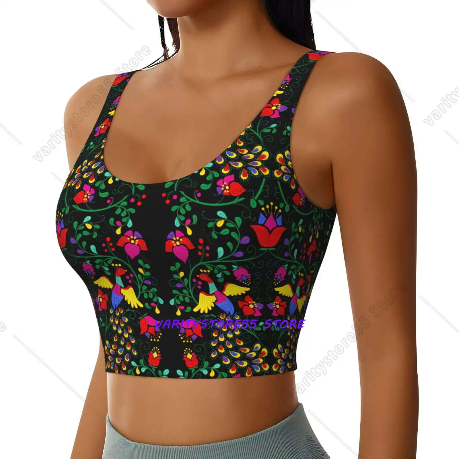 Mexican Flower 2 Print Women's Workout Tank Tops U Back Fitness Top with Built-In Shelf Bra, Perfect for Yoga and Gym