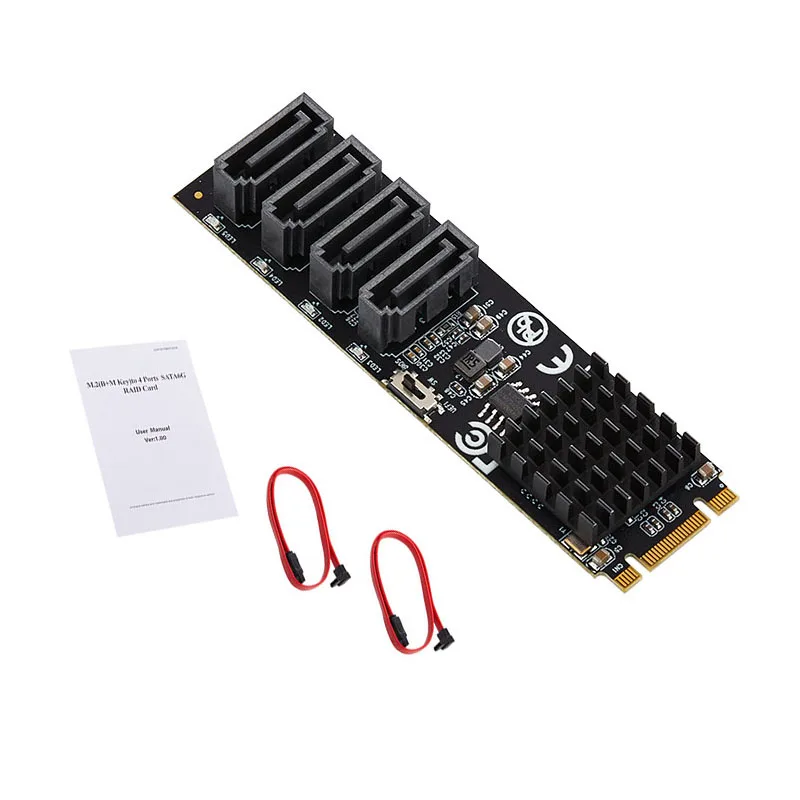 RAID Card M.2 to 4Port SATA3.0 6Gbps SSD HDD Adapter RAID Controller M+B Key 2280mm Size PCIe2.0 Marvell 9236 Chip for UEFI BIOS