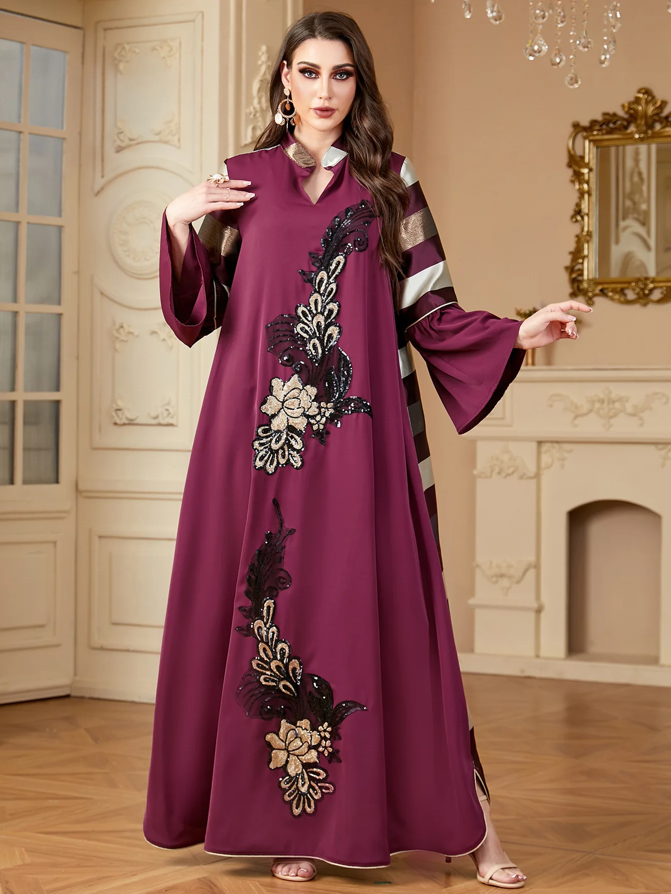 

Muslim Stripe Embroidery Maxi Dress Eid Abaya Ramadan Dubai Kaftan Turkey Arabic Robe for Women Morocco Caftan Islam Jalabiya