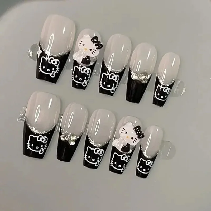 Sanrio Cartoon Hello Kitty Wear nails Reused Y2K Pink Halo Dyed Shiny Cat Eyes Nail Patch Cute Wemen Pure Handmade Wearing Nail