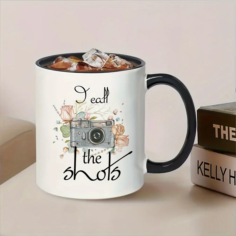 1pc, Camera Flower Print Coffee Mug, Ceramic Coffee Cup, Birthday Gifts, White Mug with Black Handle and Inner, Party Gift
