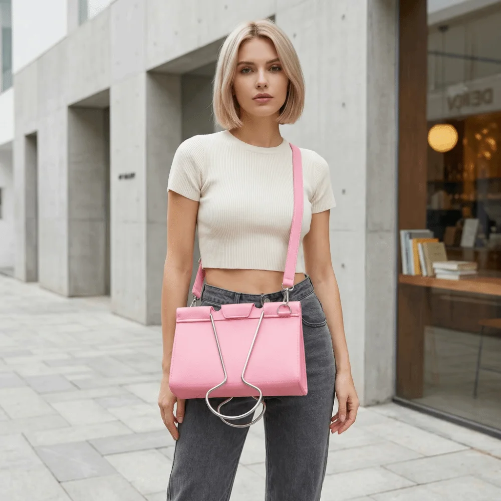 Large-Capacity Felt Binder Clip Crossbody Bag Quirky Unique Long Tail Clip Handbag Fun Shape Solid Color Funny Shoulder Bag