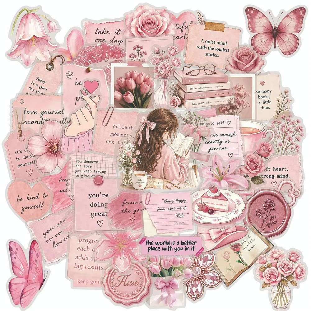 50PCS Watercolor Pink Inspirational Double Transparent Exquisite Retro Painting Stickers Student DIY Material Non Repeated Decal