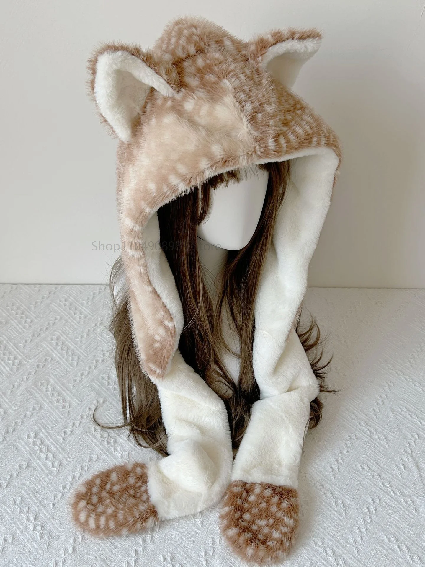 New Kawaii Reindeer Hat Faux Fur Plush Winter Warm Furry Ear Protection Cap Christmas Subculture Girl Punk Hats