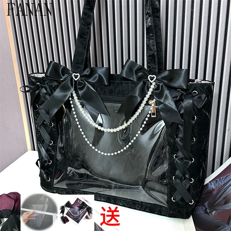 

Top-Handle Bag Japanese Style Ribbon Bow Cute Handbag Large Capacity Women's Handbags Transparent Single Shoulder Tote Bags