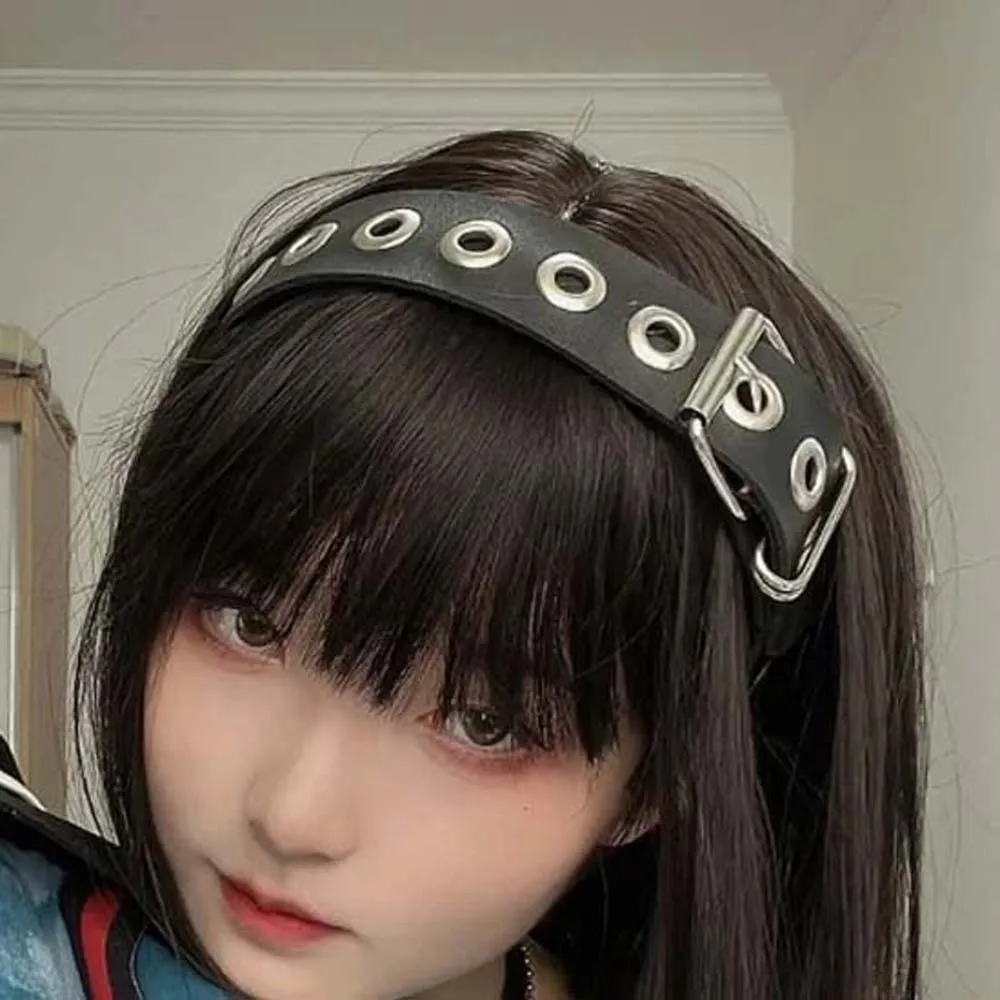 ヘアアクセサリー中空スチームパンクヘアフープ Y2K ゴシックパンクリベットヘッドバンドワイドサイドヘッドウェアレザーバックルヘアバンド女の子