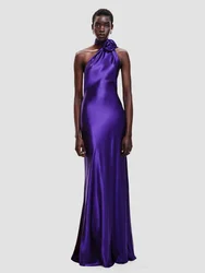Sexy Halter Neck 3D Flower Design Backless Long Dress Women Purple Sleeveless Ribbon Draped Maxi Dresses Elegant Evening Party