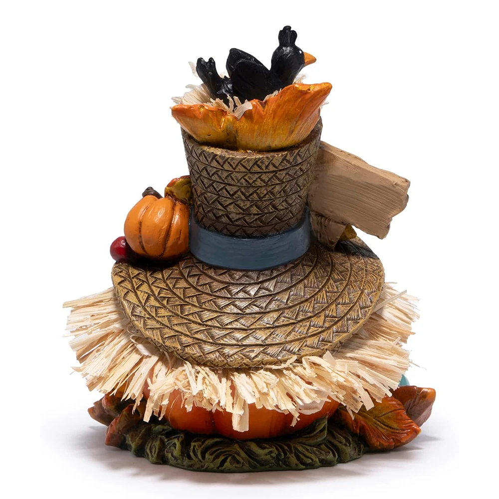 Hodao Resin Thanksgiving Harvest Scarecrow Figurine Figure Model, Pumpkin Face Autumn Decor with Give Thanks Sign & Cute Black Crows, Rustic Farmhouse Tabletop Statue with Straw Hat & Sunflower, Holiday Accent Ornament for Home Shelf Mantel Display 2