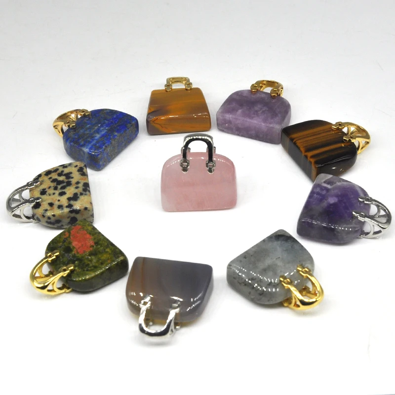 10PCS/ Set 1Inch Women Bag Bag Shaped Natural Crystal Healing Gemstone Carved Stones Craft Pocket Palm DIY Jewelry Pendant Decor