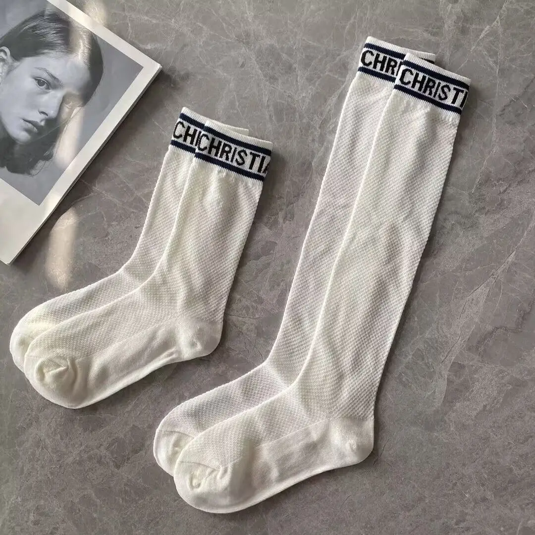 

Women Cotton Mid Calf Socks Color Stripe Lace Hollow Out Letter DD Basic Trendy Socks