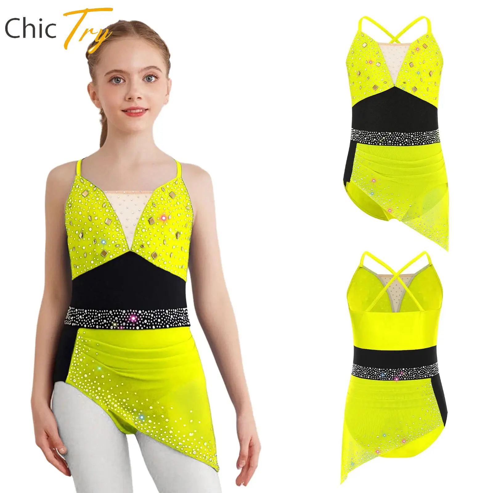 

Kids Girl Ballet Lyrical Dance Dress Sparkly Rhinestones Ruched Dress Artistic Figure Ice Skating Gymnastics Performance Costume