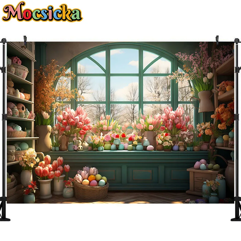 Fondo de fotografía de conejito de Pascua de primavera, huevos, flores de jardín, decoración de retrato de fiesta de cumpleaños para niños, cartel de estudio fotográfico