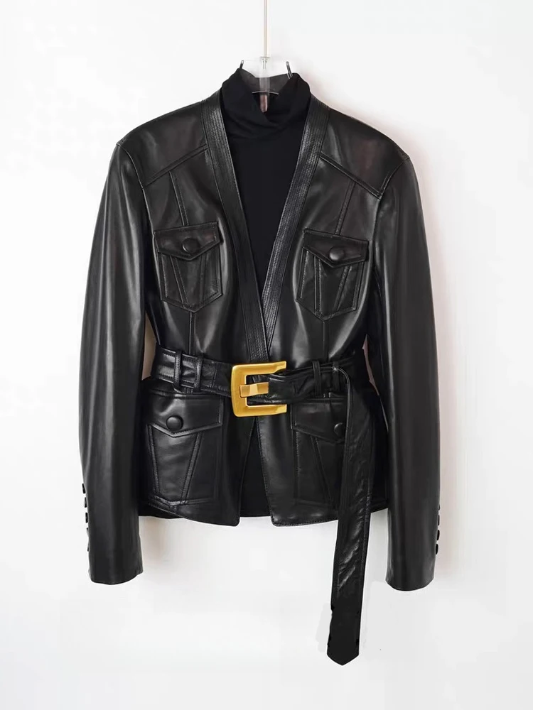 2025 Spring Brand New Leather Jacket for Women V-neck 100% Sheepskin Slim Fit Coat With Belt Black Shirt Vestes Femmes