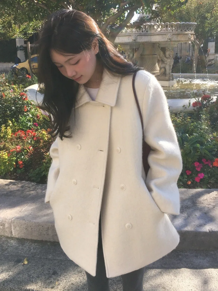 

Autumn Winter Gentle Agel Lapel Double Button Small Size Cotton Woolen Coat Women's Outerwear Soft Classic Sle Long Sve