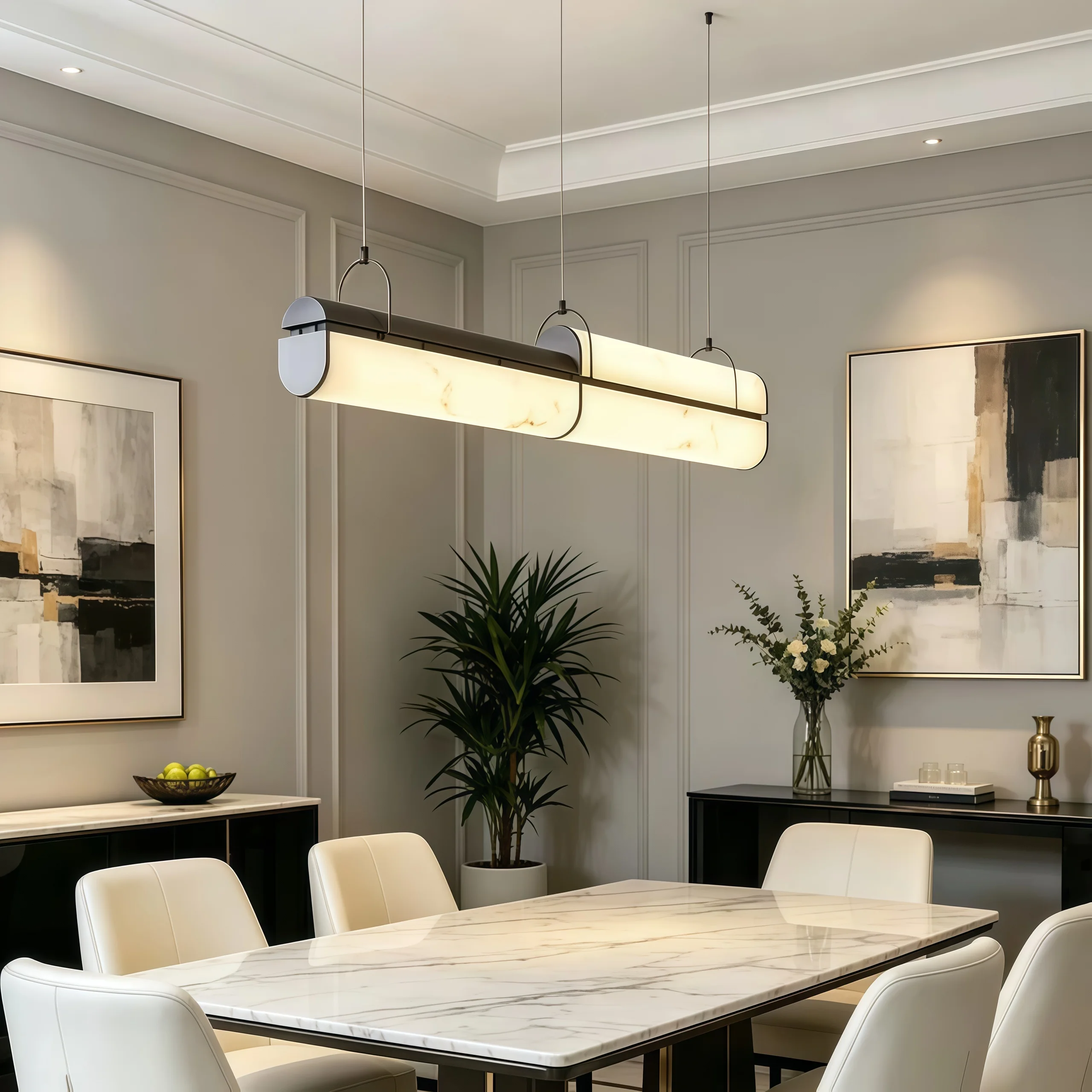 Modern Linear Faux Alabaster LED Pendant Light Luxury Designer Chandelier for Dinnging Room Restaurant Hotel Villa Room Decor