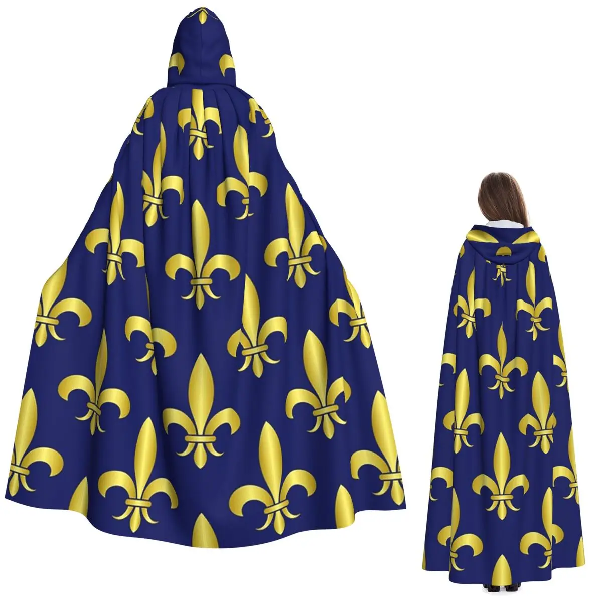 

Gold Blue Fleur De Lis Royal Lily Long Hooded Cloak Witch Medieval Costume Cosplay Cape HalloweenCoat Adult Unisex