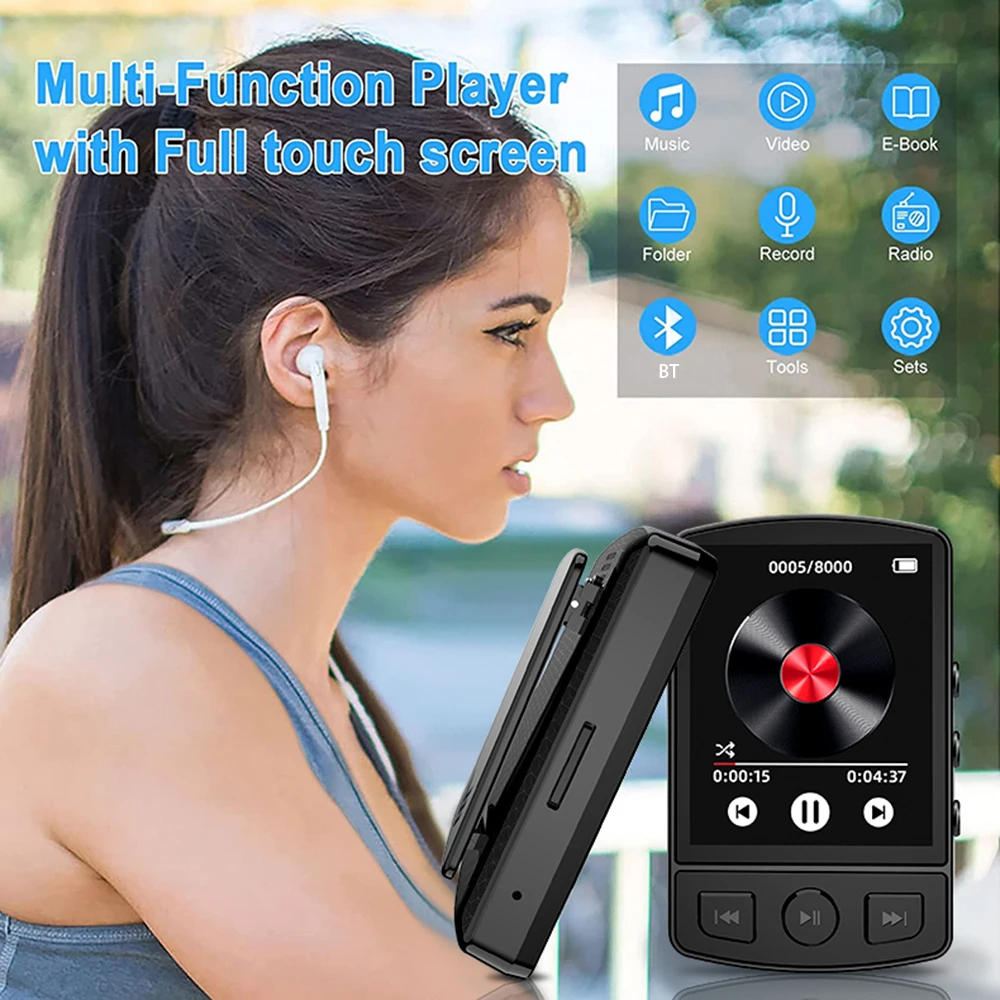 Esporte Bluetooth MP3 Player Portátil Clipe Mini Música Walkman Com Tela de Som Sem Perdas Qualidade com Gravação E-Book Video Play