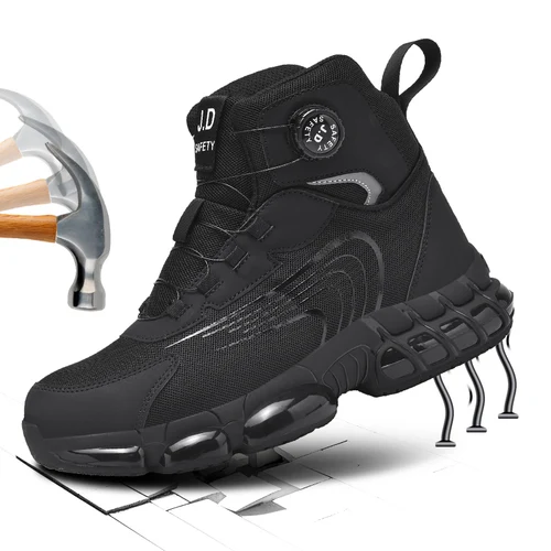 Imagen 1 del producto Nuevos zapatos de seguridad de caña alta para hombre con botón giratorio, zapatos de trabajo resistentes a impactos y perforaciones, zapatillas de deporte de moda para hombre, professi de seguridad