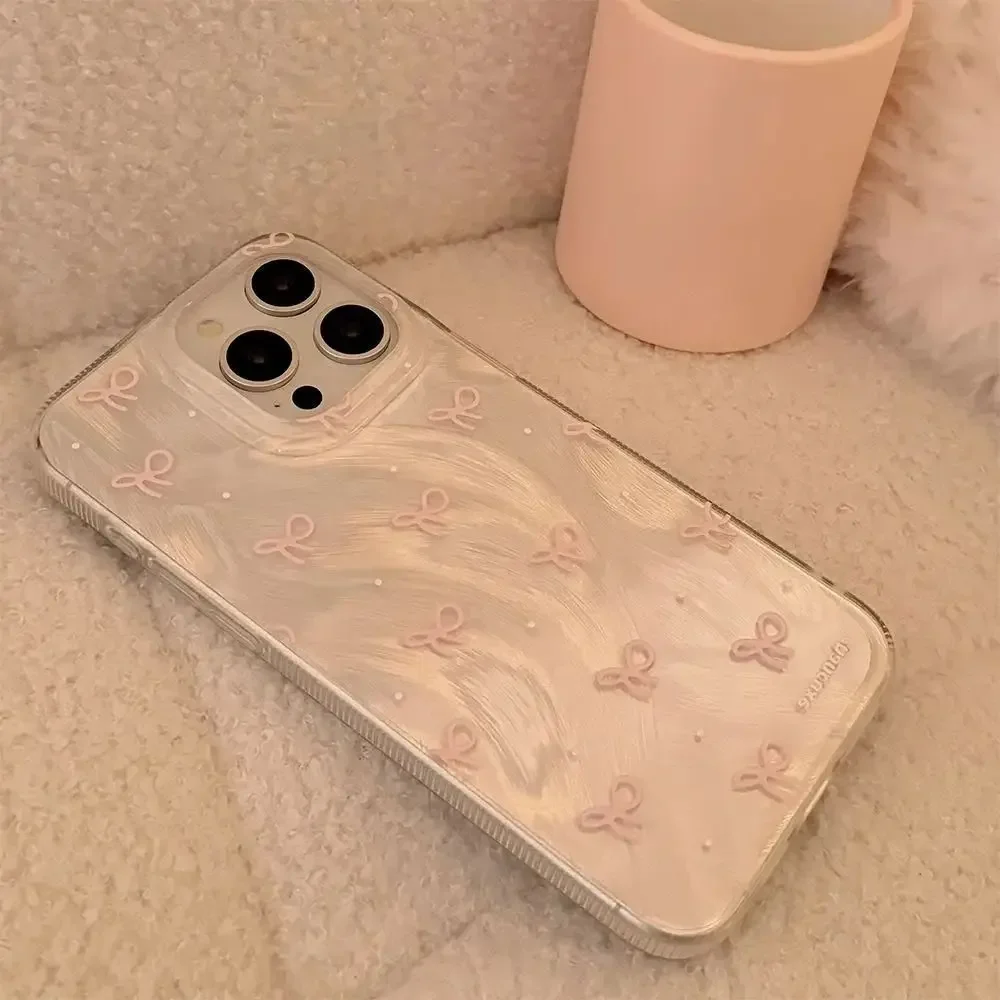 Ins Pink bow tie Phone Case For iPhone16Pro Max15 14 13 12 11 XR XS Max78Y2K Light luxury Feather gauzeSoft anti fall Phone Case