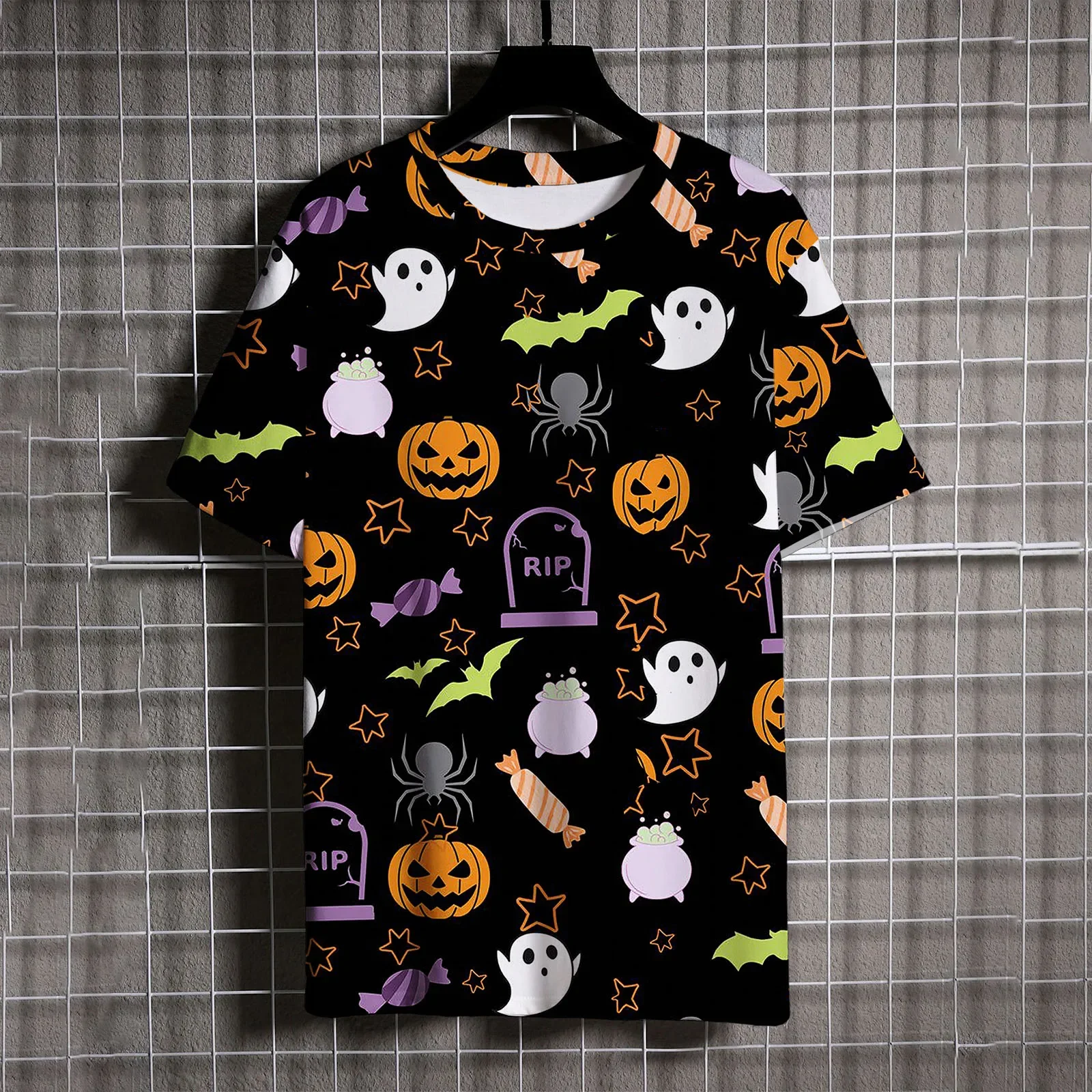 Casual Men's Short Sleeve T-shirt Funny 3D Bat Pumpkin Print Halloween Tees Fashion Crew Neck Loose Top Hip Hop Cosplay Clothing