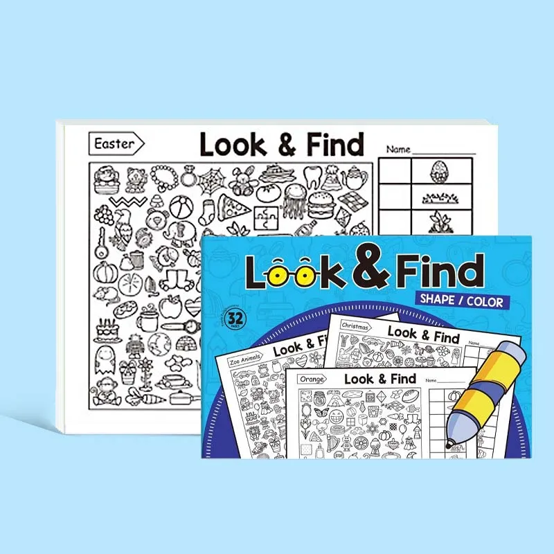 Caderno de desenho infantil de 32 páginas, look and Find, busca de itens infantis, jogo e atenção, percepção visual, livros divertidos para colorir