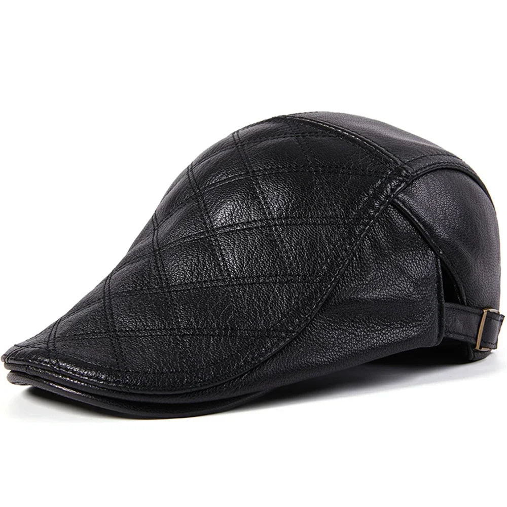 FLAT CAP Black Genuine Leather Berets for Men Real Leather Ivy Peaked Cap Autumn Winter Warm Classic Adjustable Newsboy Hat