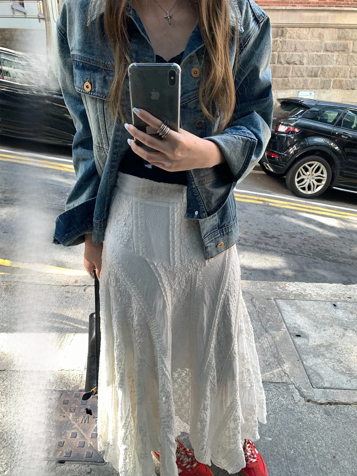 

Женская асимметричная юбка Hhi Alice из белого кружева с высокой талией, универсальная, стройнящая, А-силуэт, длинная, повседневная