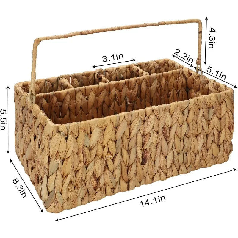 Hand Woven Storage Baskets Kitchen Party Utensil Holder Picnic Basket Rectangular Container Organizer 3 Grids with Handle