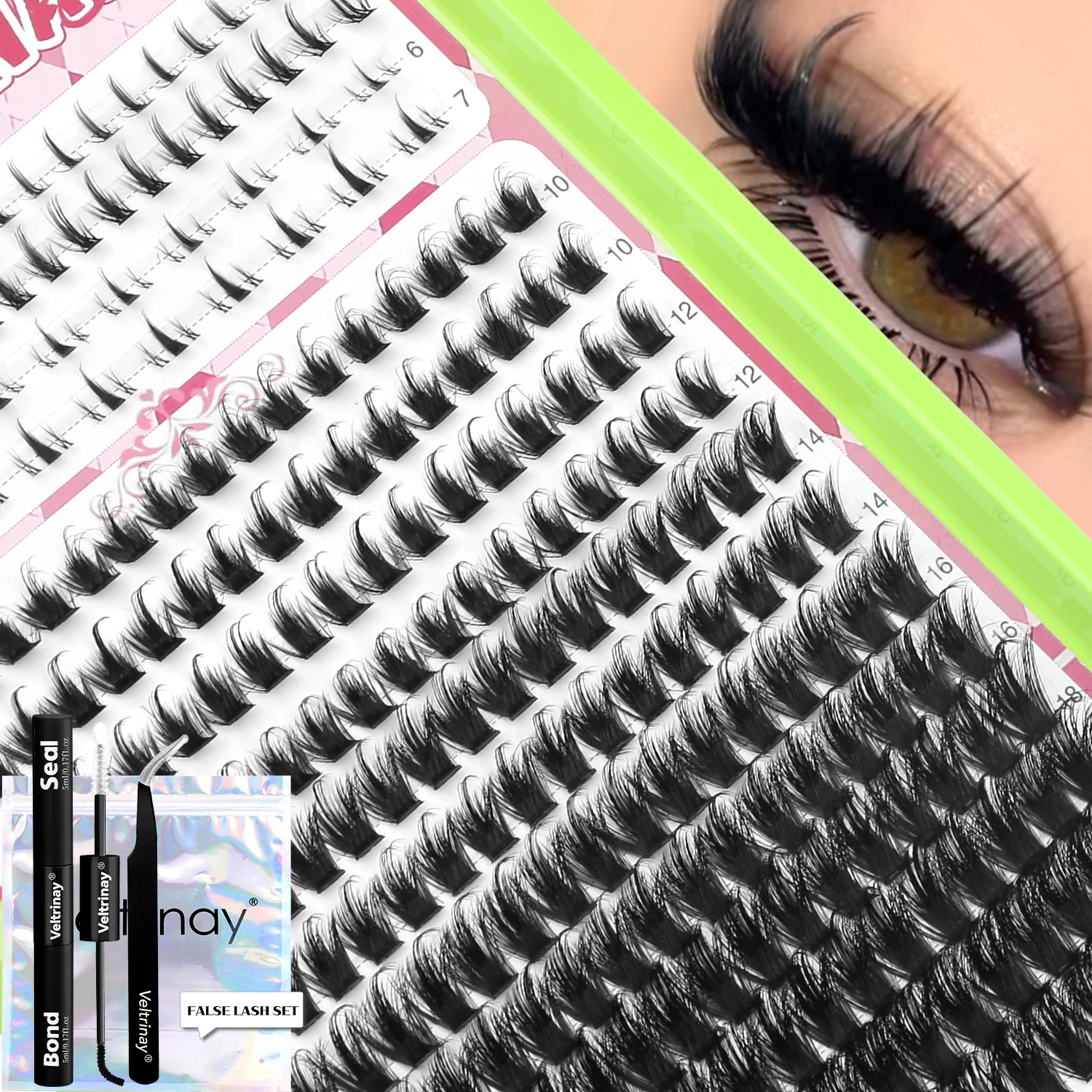 VELTRINAY 226PCS Fairy Hair Lash Clusters Kit 10-20MM D Curl Individual Eyelashes Cluster Set Pointed Spike Lash Extensions