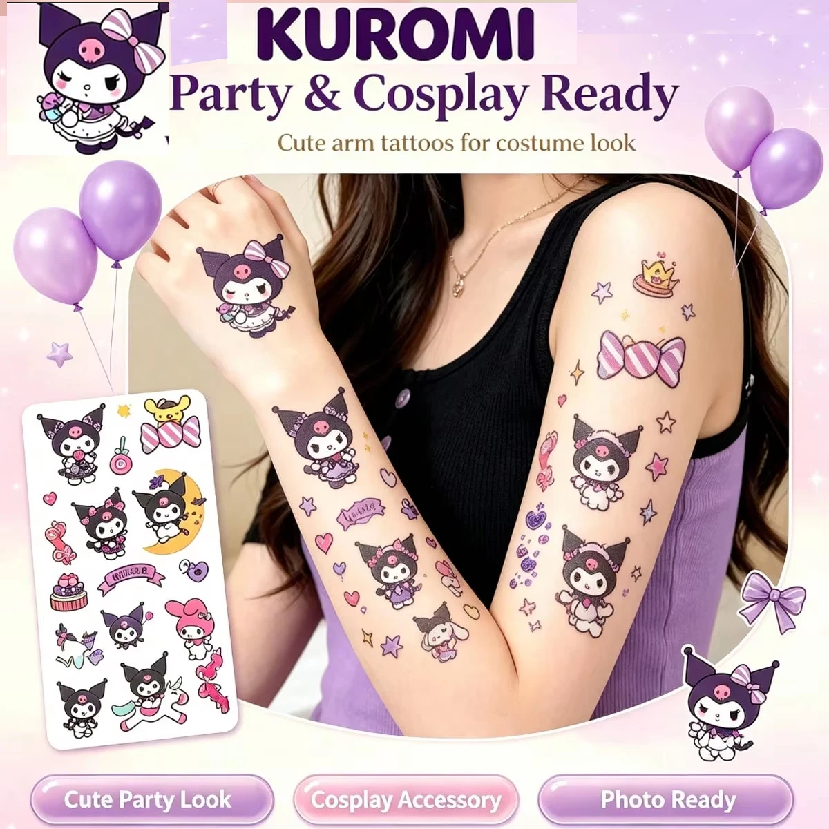Sanrio Kuromi Temporäres Tattoo-Aufkleber-Set, wasserfest, langlebige Cartoon-Designs, perfekt für Partys, für Mädchen und Teenager.