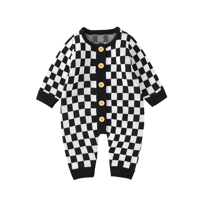 Baby Girl Boy Knitted Jumpsuit Checkerboard Round Neck Long Sleeve Button Up Rompers for Toddlers 0-24 Months