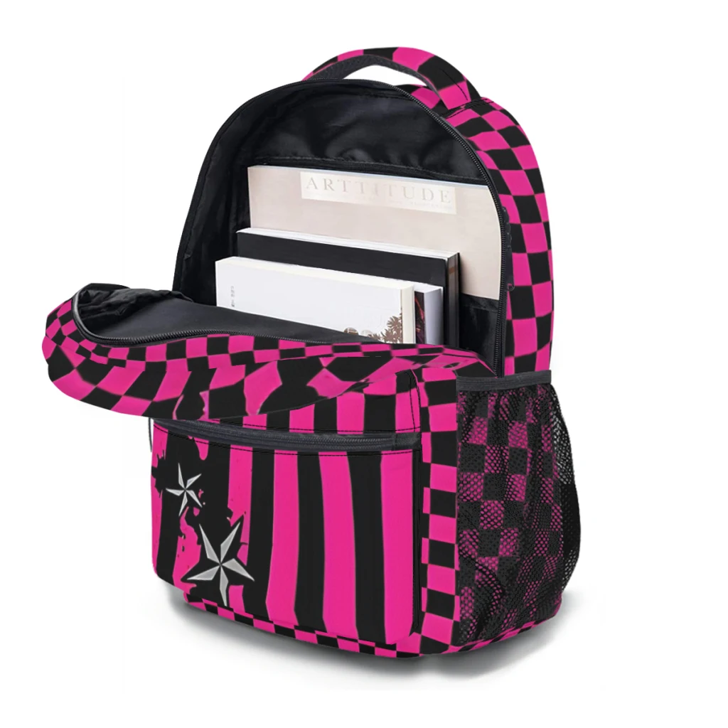 Punky rosa emo impresso mochila casual leve, mochila infantil de 17"