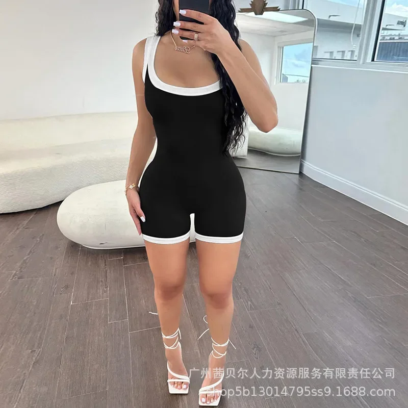 Bodycon Sexy Jumpsuits Rompers Jogging Sports Playsuits Women Short Sleeve Patchwork Square Collar Tight Jumpsuit