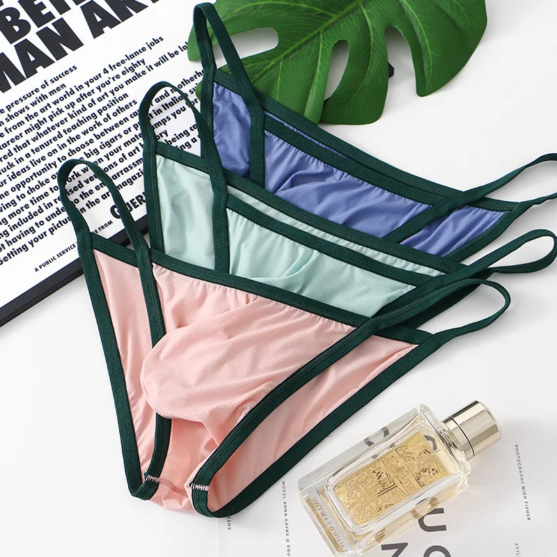 

Ribbed Ice Silk Brief for Men Sexy U Convex Pouch Underwear Ultra-Thin Quick Drying Cool Feel Elastic Gay Erotic High Fork Tanga