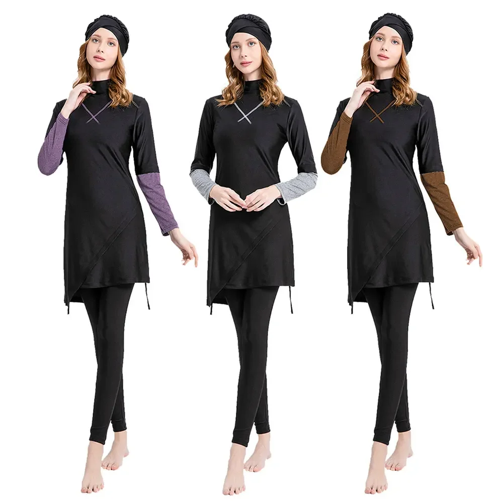 Islamic Muslim Swim Suit Burkini for Women Full Cover Front X Patchwork Sleeve Irregular Arab Middle East Ladies Bathing Suits