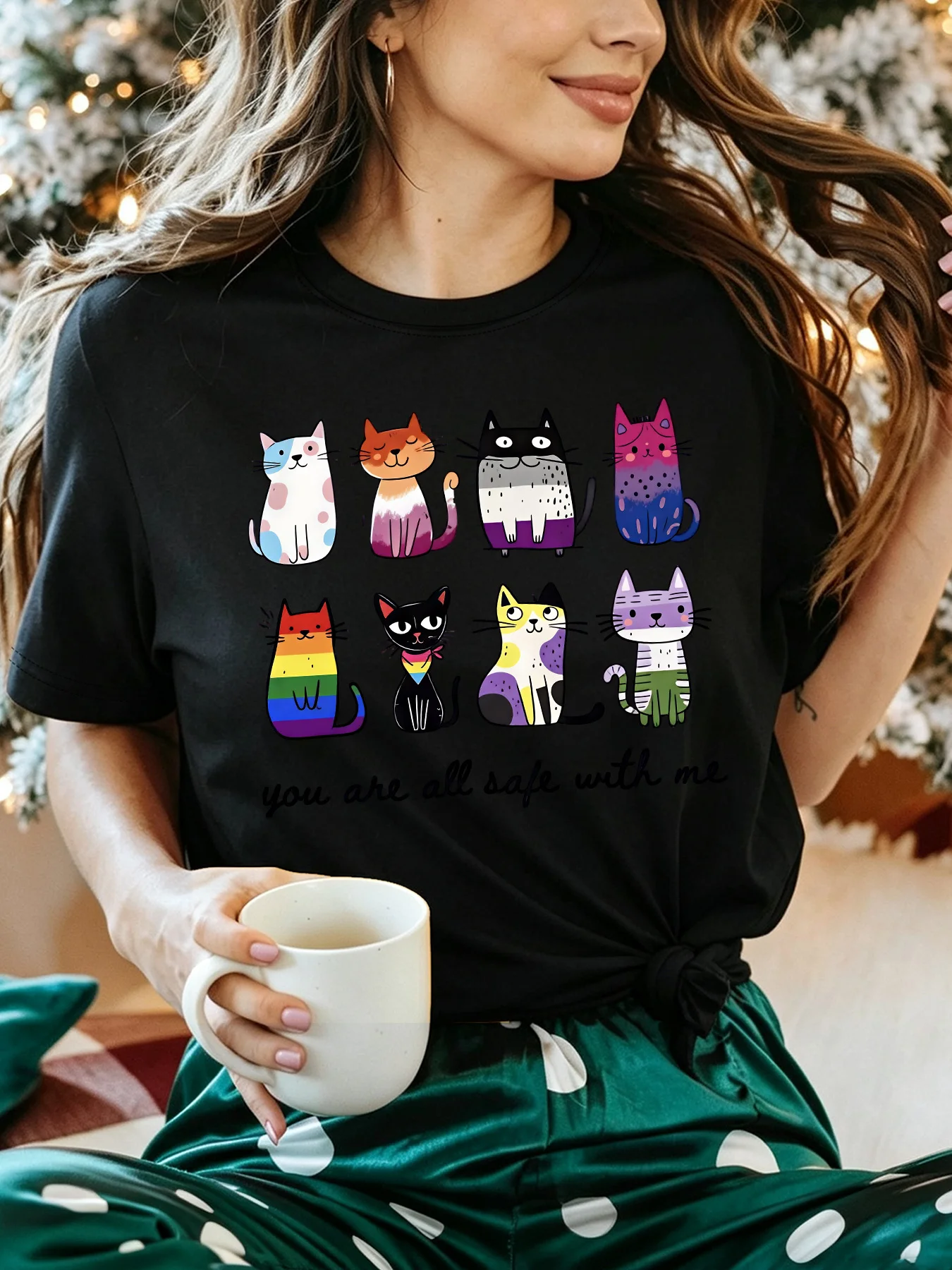 Colorful Pride Cat Womens T Shirt Cute Multicolor Kitten Collection Slogan Graphic Short Sleeve O Neck Casual Daily Party Tops